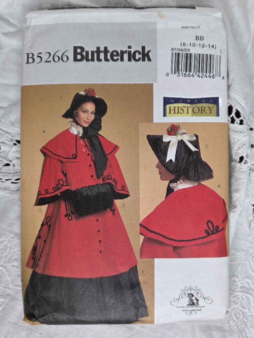 Butterick B5266 Historical Pattern BB 8-14 Cloak Skirt Bonnet Muff Uncut Dickens